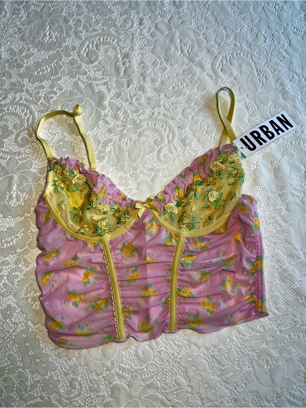 NWT Urban Outfitters Floral Mesh Corset Cami Top Pink Yellow Size S